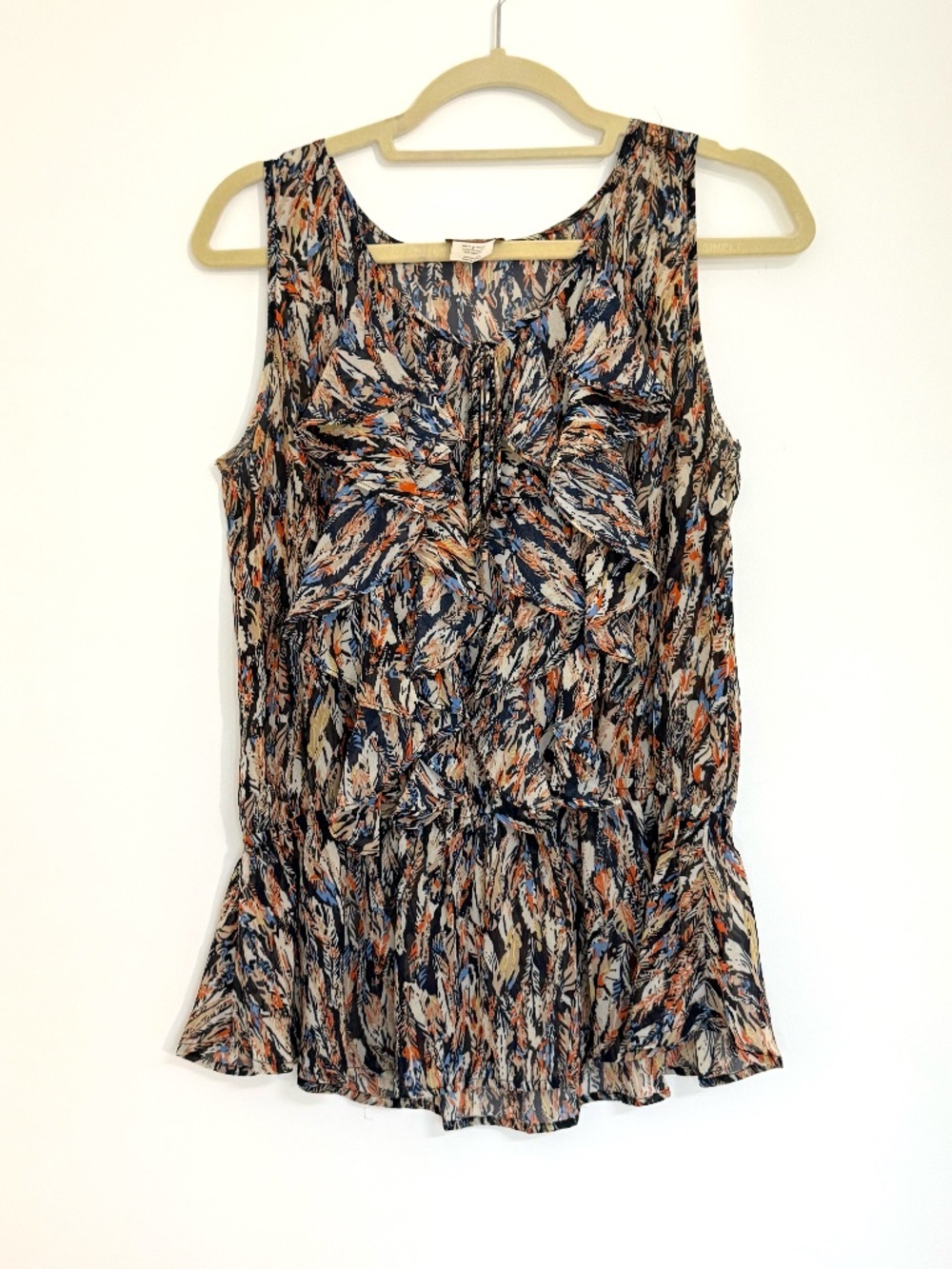 Scully Western Sheer Sleeveless Top Ruffle Blouse Abstract Feathers Size L Large